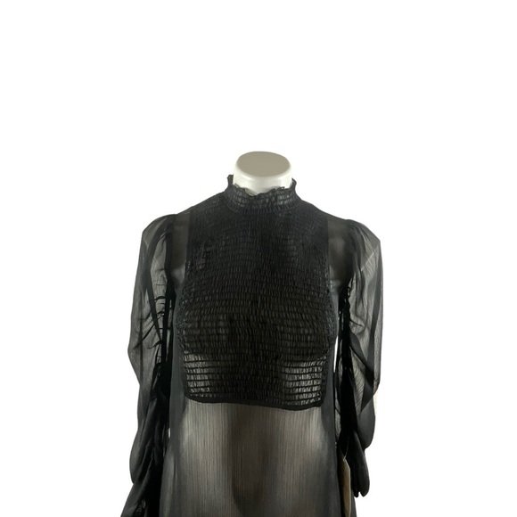 Zara Black Sheer Smocked High Neck Smocked Front Panel Ruched Sleeve Dress - Picture 4 of 14